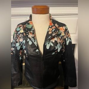 Colleen Lopez floral embroidered black vegan leather moto jacket *XS
